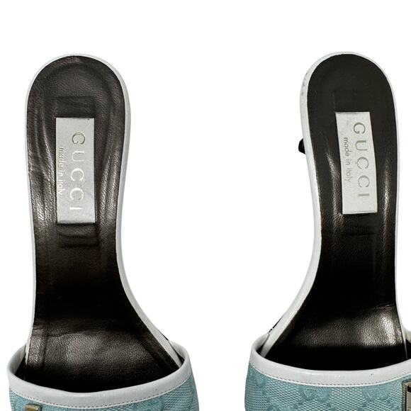 Gucci Monogram Canvas Kitten Heel Slides Blue White Logo Mules Sandals 7.5 - Picture 2 of 9